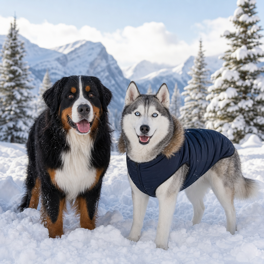Husky and Bernese Mountain Dog in Canadian winter snow