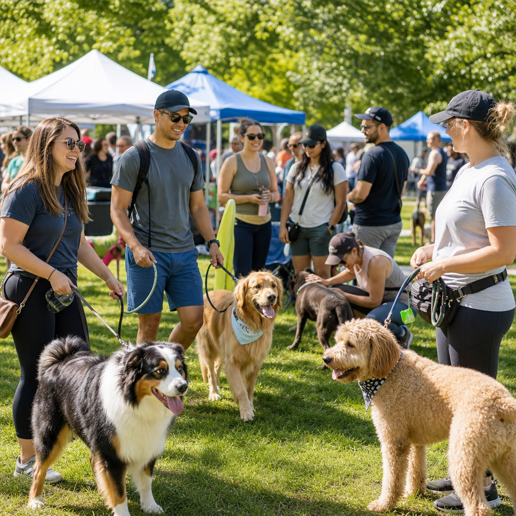 Dogs and owners at an outdoor community dog event in a Canadian park