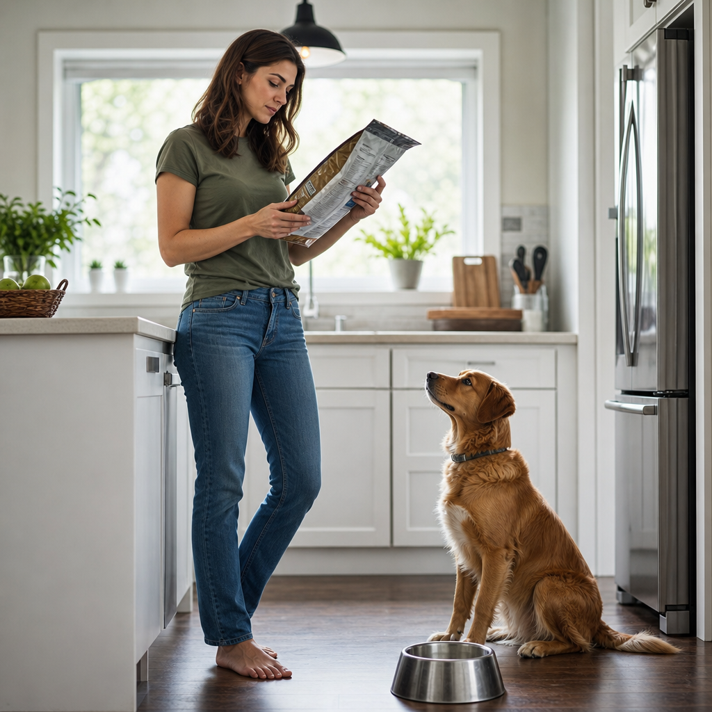 Owner checking a dog food label in the kitchen with a dog nearby