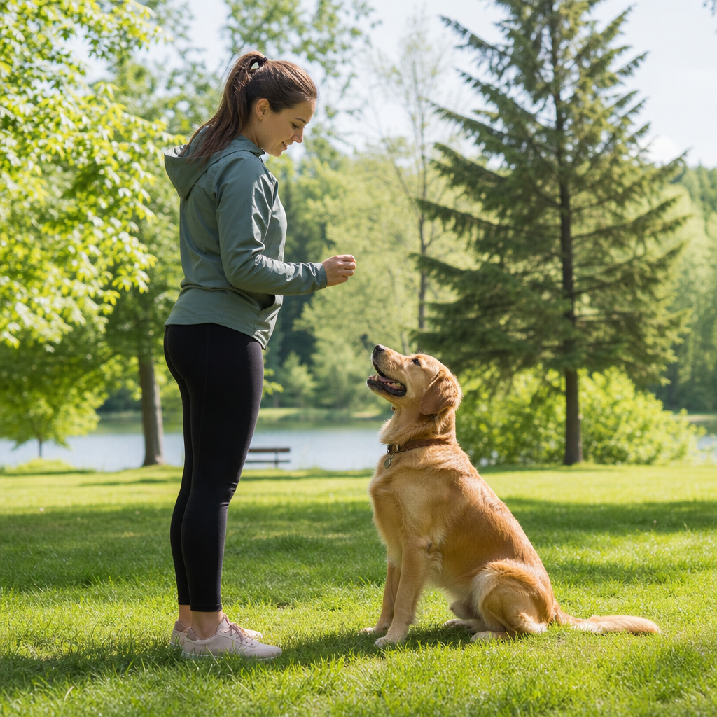 Owner training an attentive dog in a Canadian park