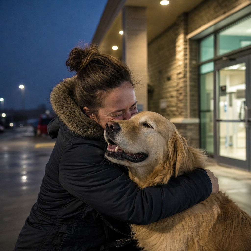 Owner reunited with their dog outside an emergency vet clinic in Canada