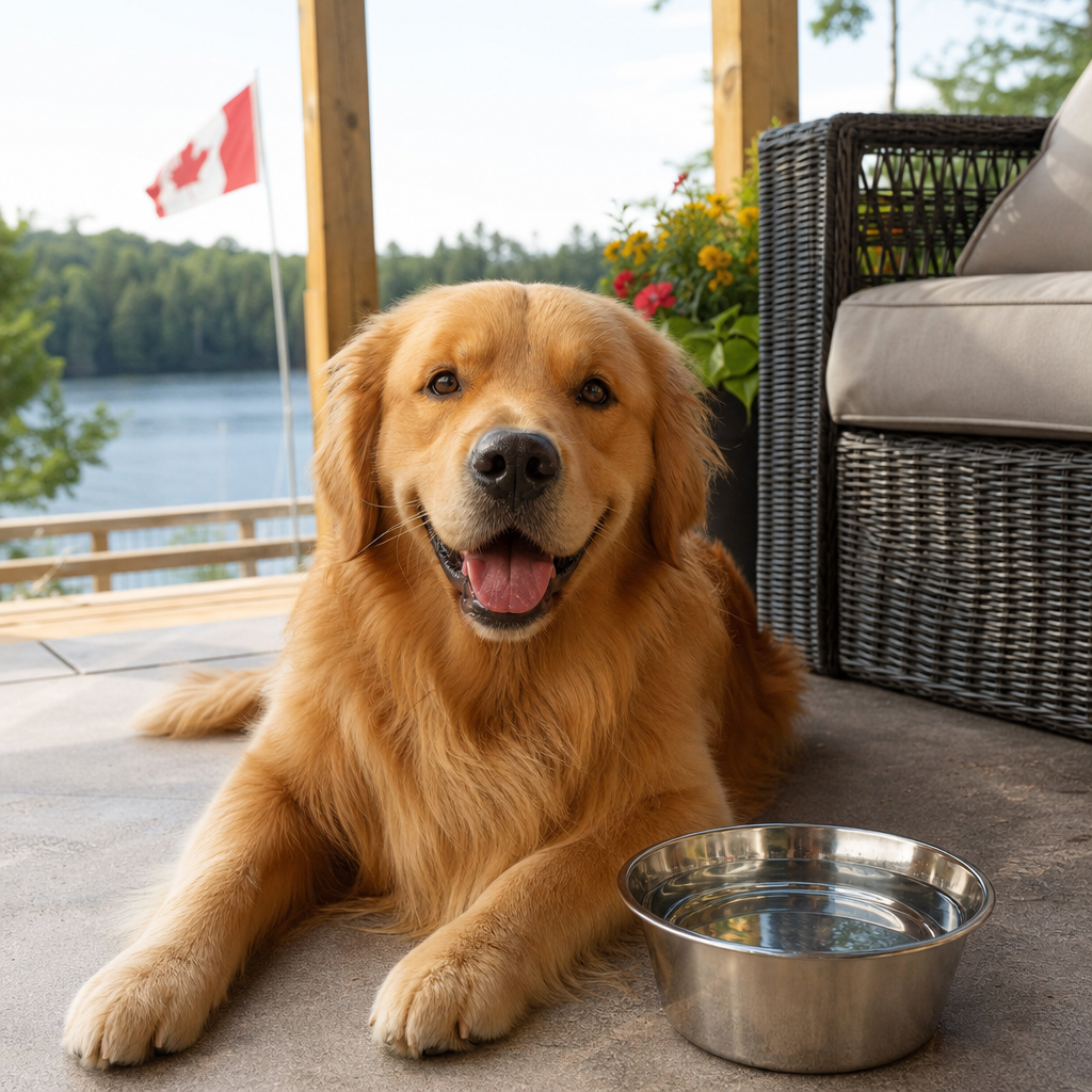 Dog relaxing on a pet-friendly patio in Canada